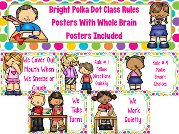 Preview of Bright Polka Dot Class Rules Posters with Whole Brain Posters Included