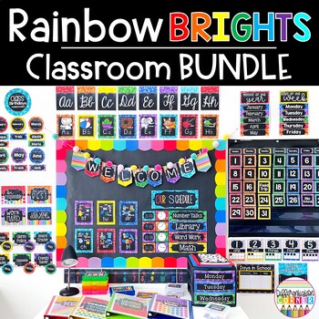 Preview of Bright Rainbow Classroom Decor Bundle Editable Primary Classroom Theme