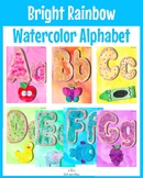 Bright Rainbow Watercolor Alphabet with Clip Art