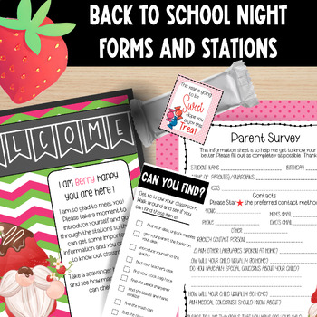 Preview of Bright Strawberry Gnome Meet the Teacher Night Stations and Forms | EDITABLE