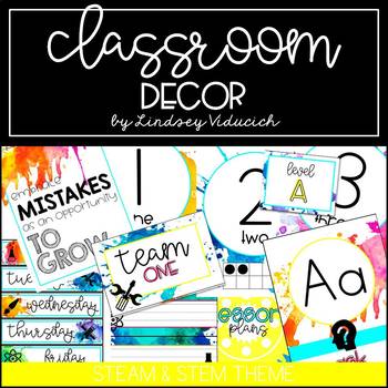 Preview of Bright Watercolor STEAM and STEM Theme Classroom Decor