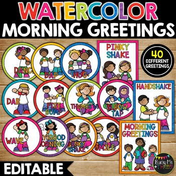 Preview of Rainbow Watercolors Morning Greeting Signs | Editable | Classroom Greetings