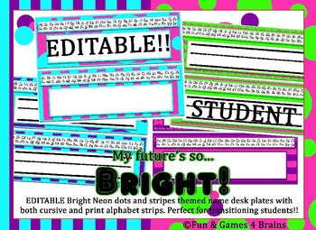 Preview of EDITABLE Bright Neon Desk Nameplates with cursive and print alphabet strips!