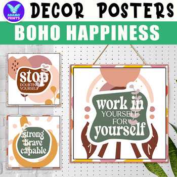 Preview of Bring Happiness Inspiration Boho Posters Classroom Decor Bulletin Board Ideas