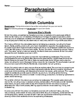 Preview of British Columbia  Paraphrasing Worksheet (Canada)