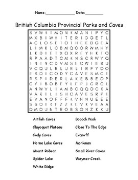 Preview of British Columbia Provincial Parks and Caves Word Search