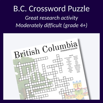 Preview of British Columbia crossword for spelling, research activity or parties! Grade 4+