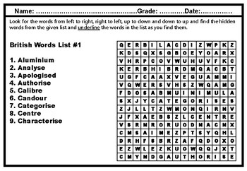 Preview of British Spellings, Word Search Worksheets, Spelling Distance Learning Activity