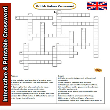 Preview of British Values Interactive & Printable Crossword Puzzle