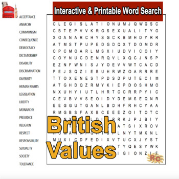 Preview of British Values Interactive & Printable Word Search Puzzle