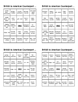 Preview of British to American Counterpart Word Bingo - 80 Cards - Just Print & Play!