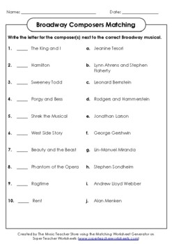 Preview of NEW! Broadway Composers Matching Worksheet