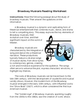 Preview of Broadway Musicals Reading Worksheet **Editable**