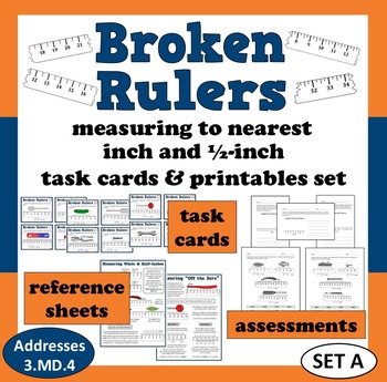 Preview of Broken Rulers measure to nearest inch & 1/2-inch task cards + printables (set a)