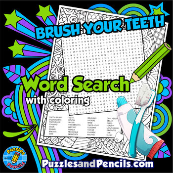 Preview of Brush Your Teeth Word Search Puzzle Activity Page with Coloring | Wordsearch