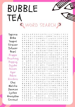 Bubble Tea No Prep Word Search Puzzle Worksheet Activity for Morning Work