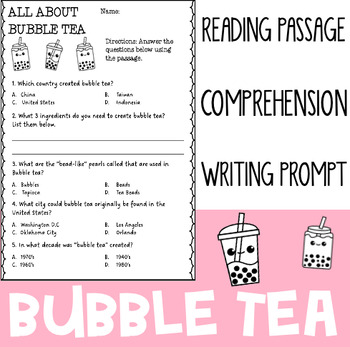 Preview of Bubble Tea Pack - ELA - Reading, Comprehension, Writing, and Coloring Sheet