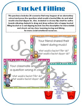 Preview of Bucket Filling vs. Bucket Dipping Scenario Example Cards, Flipchart, questions