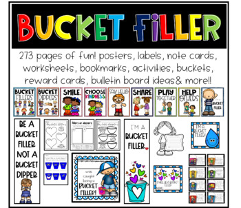 Preview of Bucket filler activities, posters, bulletin board, reward cards, and much more