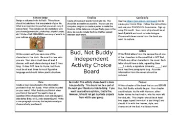 Preview of Bud, Not Buddy Novel Literature Activity Choice Board