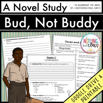 Preview of Bud, Not Buddy Novel Study Unit | Comprehension Questions with Activities & Test