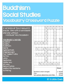 Buddhism Crossword Puzzle by 3 Little Owls TPT