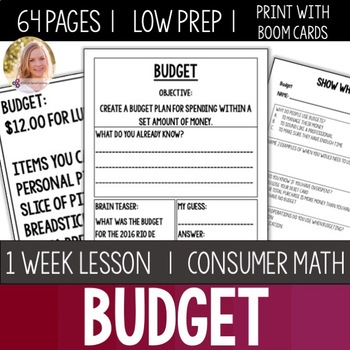 Preview of Budget Worksheet and Activity Unit Consumer Math Life Skills Special Education