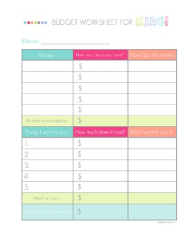 Preview of Budget Worksheet for Kids Printable