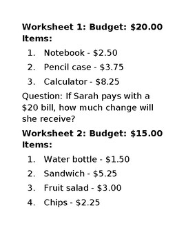 Preview of Budget and change- worksheets related to money