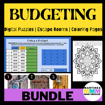 Preview of Budgeting Digital Escape Room + Digital Self Grading Puzzle + Coloring Bundle