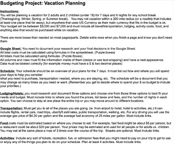 Preview of Budgeting Project: Planning a Vacation