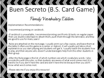 Buen Secreto Bs Card Game Family Vocab Edition By Hannah S Homeroom