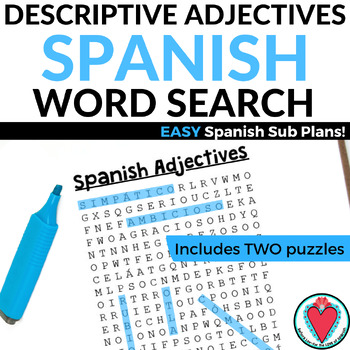 Preview of Spanish Adjectives Word Search Spanish to English Worksheets Vocabulary Sub Plan