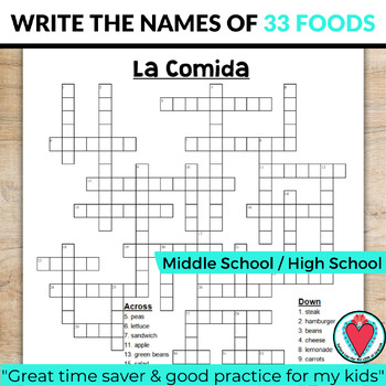 Spanish Food Unit CROSSWORD by Senora Lee for the LOVE of Spanish