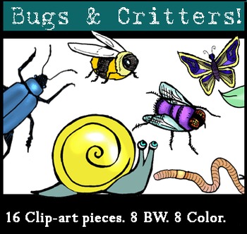 Preview of Bugs & Critters Clip-Art Set: 8 B&W, 8 Color