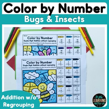 Preview of Bugs & Insects Color by Number Addition Math Worksheet | Spring Addition