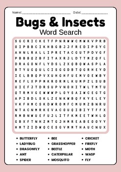 Bugs & Insects No Prep Word Search puzzle Worksheet | TPT