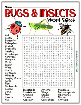 Bugs & Insects | Word Search Puzzle by Jito Studio | TPT