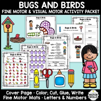 Preview of Bugs and Birds - Fine Motor & Visual Motor - Color, Write, Cut, Glue