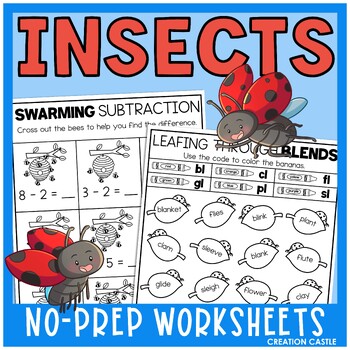 Preview of Bugs and Insects Math and Literacy Worksheets Kindergarten Summer Review Packet