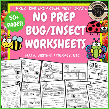 Preview of Bugs and Insects Math and Literacy Worksheets PreK Kindergarten First TK UTK