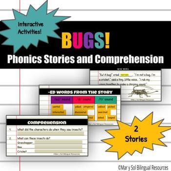 Preview of Bugs and Insects Words with -ed Phonics,  Comprehension Fluency Passages ARC