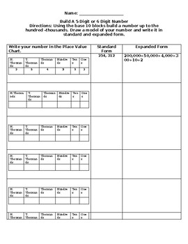 Preview of Build A 5-6 Digit Number- Standard and Expanded Form Practice