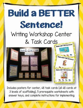 Preview of Build a Better Sentence! Writing Workshop CENTER, Task Cards, & Worksheets