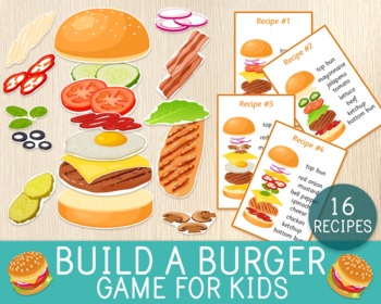 Preview of Build a  Burger Game, 16 Recipes, Dramatic Play, Patterns, Scissor Skills