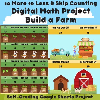 Preview of Build a Farm 10 more 10 less & Skip Counting Digital Math Project Google Sheet