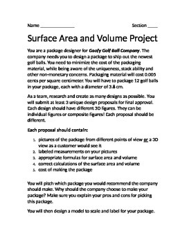 Preview of Build a Golf Ball Package SURFACE AREA AND VOLUME Project