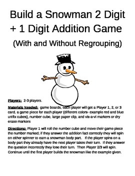 Preview of Build a Snowman 2 Digit +1 Digit Addition With and Without Regrouping Games