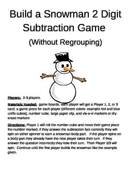 Preview of Build a Snowman 2 Digit Subtraction Without Regrouping Games