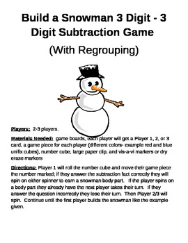 Preview of Build a Snowman 3 Digit - 3 Digit Subtraction Regrouping Games